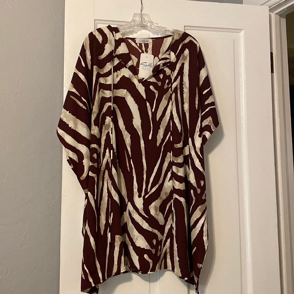 SOHO Brown Cream Zebra Print Kaftan mini dress V neck Short sleeve Resortwear LG - Picture 3 of 9
